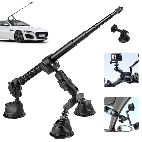 Triple Suction Cup Car Mount, 44.9" Extendable Pole Action Camera Car Mount Compatible with Insta360 X5 X4 X3, GoPro Hero 13/12/11, DJI Osmo Action