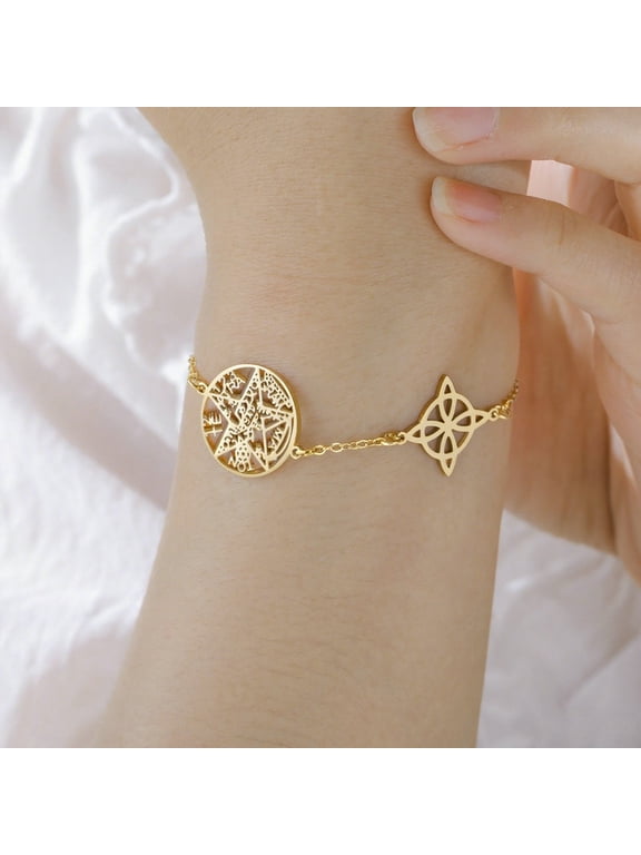 Triple Symbol Witch Knot Virgin Mary Pentagram Tetragrammaton 14K Gold Filled Bracelet for Men Women, Faith Inspired Gift Ready Statement Fashion Jewelry