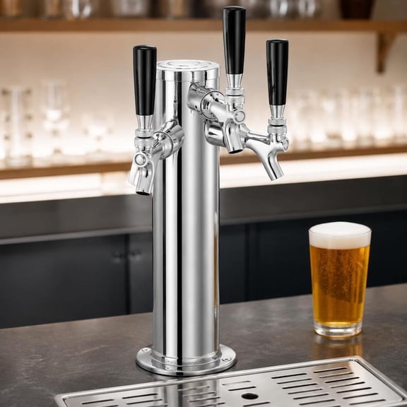 Triple Taps Draft Beer Tower Dispenser, Stainless Steel Keg Beer Tower, Kegerator Tower Kit with Pre-Assembled Tubing