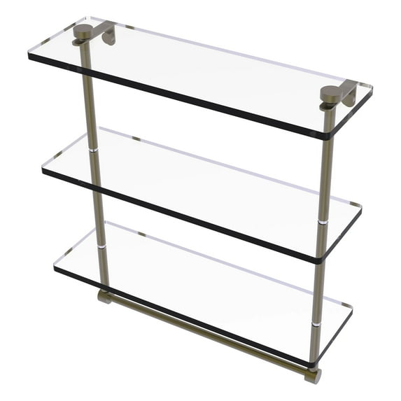 Triple Tiered Glass Shelf with Integrated Towel Bar - Antique Brass / 16 Inch
