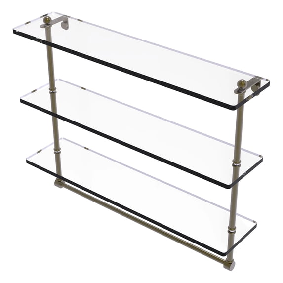 Triple Tiered Glass Shelf with Integrated Towel Bar - Antique Brass / 22 Inch