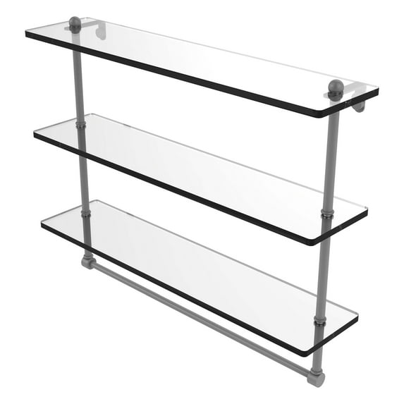 Triple Tiered Glass Shelf with Integrated Towel Bar - Matte Gray / 22 Inch