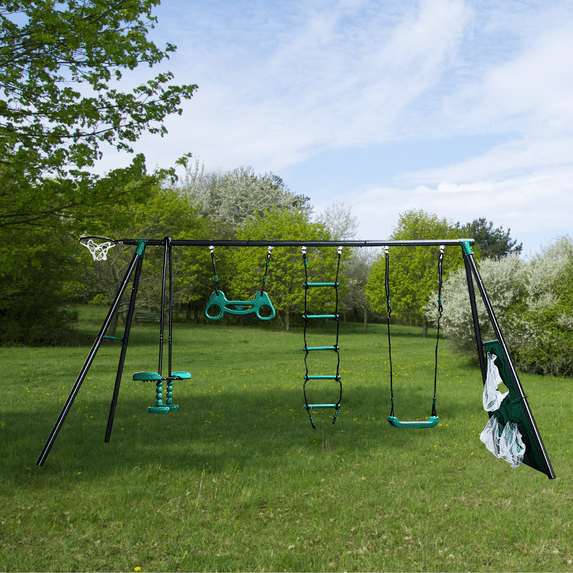 Triple Tree 6 in 1 Outdoor Children Swing Set with Basketball Hoop, Steel Blackish Green
