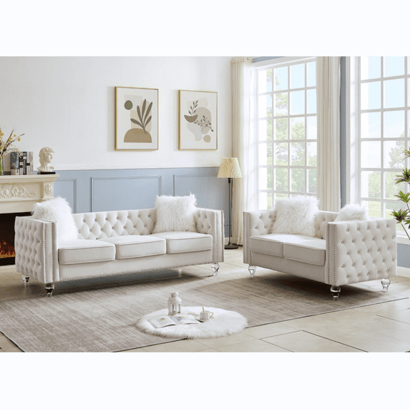Triple Tree Chesterfield Couch Set of 2 with Plush Pillows, Crystal Legs, Beige