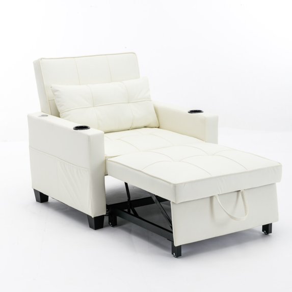 Triple Tree Convertible Chair Bed Linen Fabric Sleeper Sofa, White