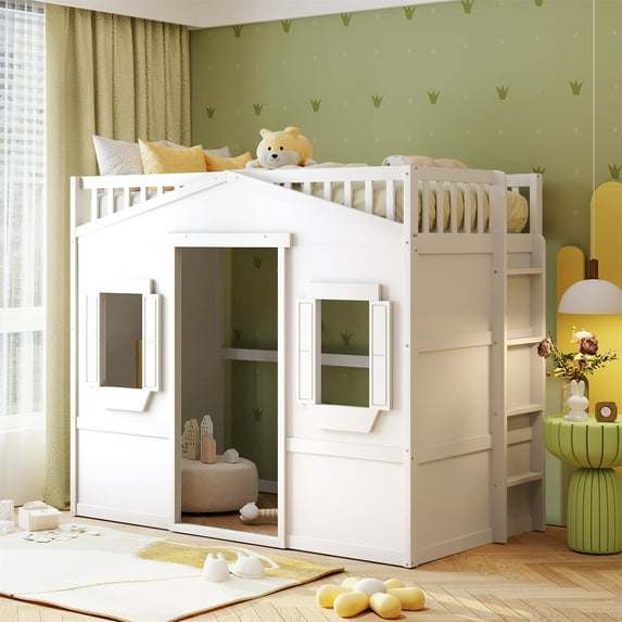 Triple Tree House Kids Playhouse Plywood Twin Loft Bed with Ladder, White