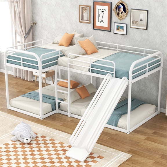 Quad Bunk Beds for 4,Full and Twin Size L-Shape Metal Bunk Bed with Slide and Short Ladder,Heavy-Duty Metal Floor Bunk Bed, White