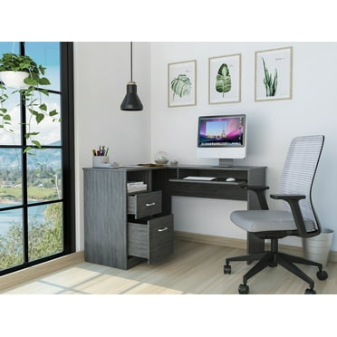 Triple Tree L Shape Computer Desk with Keyboard Tray, Rustic Wooden Writing Desk with 2 Drawers and 1 Open Shelf for Living Room,Bedroom,Gray