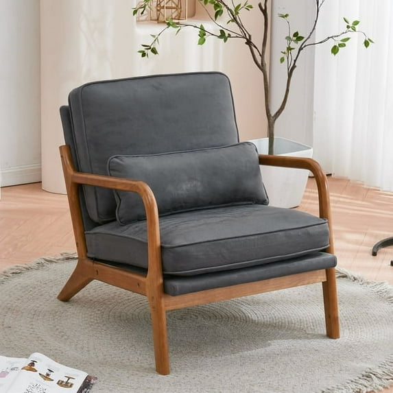 Accent Chairs, Single Linen Lounge Reading Armchair with Solid Wood Frame, Mid Century Modern Easy Assembly Arm Chairs for Living Room-Dark Gray
