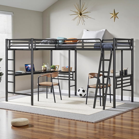 Triple Tree Metal Frame Desks Twin L-Shape Loft Bed and Storage Shelves Black
