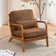 Accent Chairs, Single Linen Lounge Reading Armchair with Solid Wood Frame, Mid Century Modern Easy Assembly Arm Chairs for Living Room-Brown