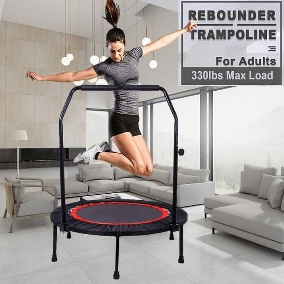 Triple Tree Mini Trampoline Foldable Fitness Rebounder with Adjustable Foam Handle, Black/Red, 39.37" x 39.37" x 45.28"