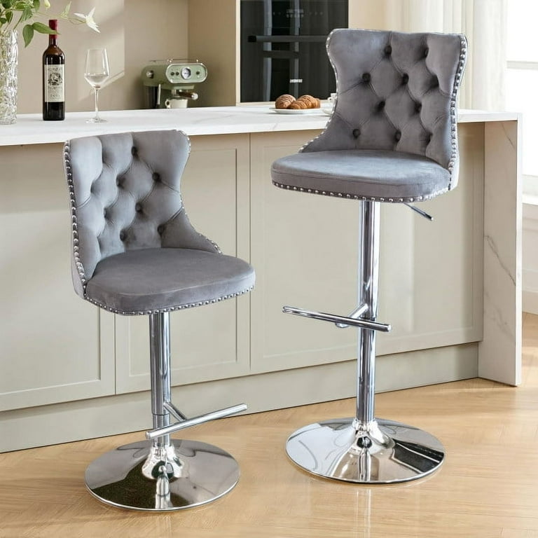 Adjustable Silver Velvet Bar Stool Set of 2, Swivel Upholstered