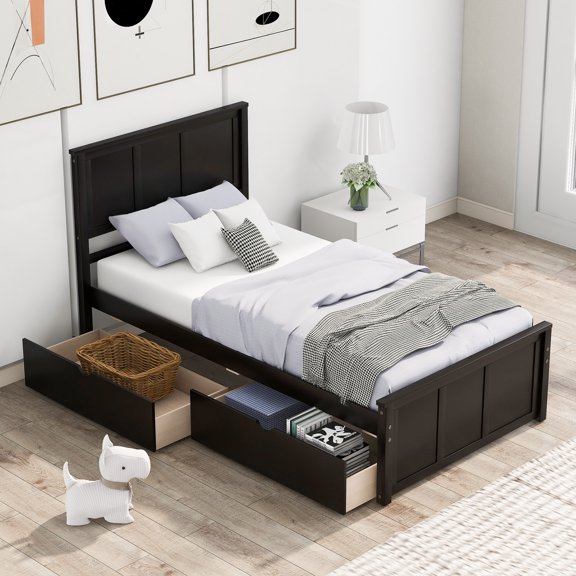 Triple Tree Platform Bed with 2 Storage Drawers, Solid Wood Twin Size Platform Bed Captain Bed for Kids Teens Girls Boys, No Box Spring Needed, Espresso