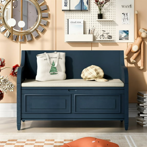 Triple Tree Rustic Storage Bench with Safety Hinge and Split Cushion, Antique Navy