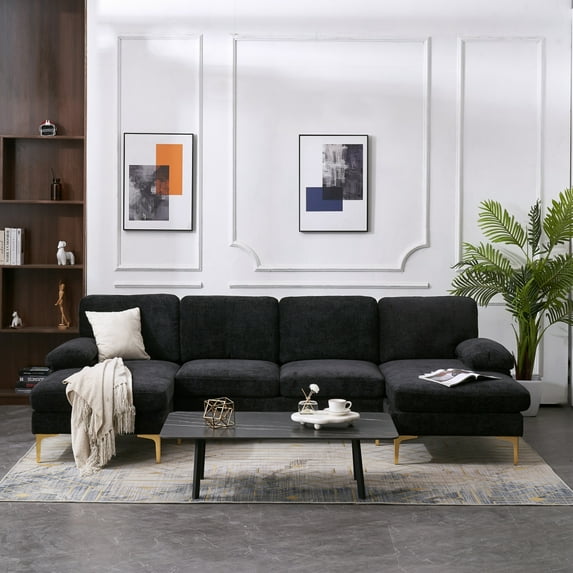 Triple Tree Solid Print Chenille Fabric U-Shaped Modular Sectional Sofa,Black