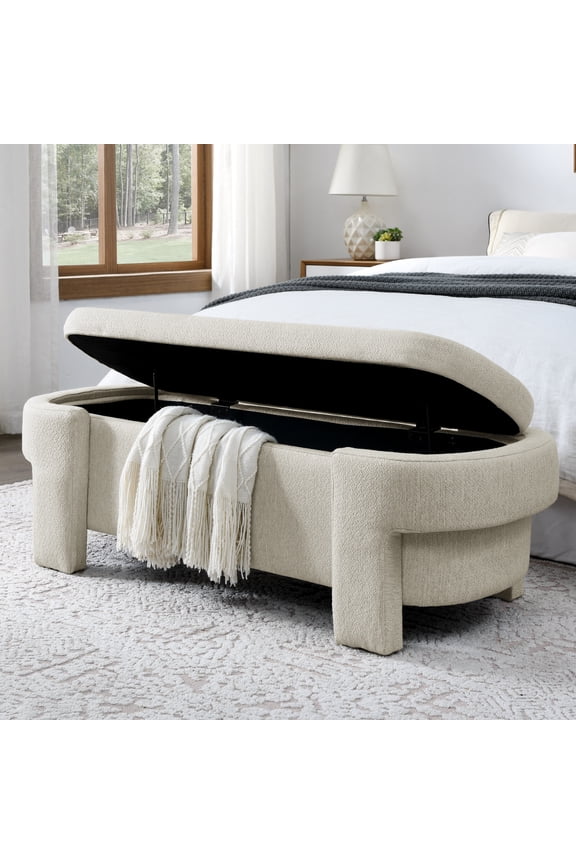 Storage Bench Linen Storage Ottoman with Cushioned Seat and Ventilation Holes, Beige