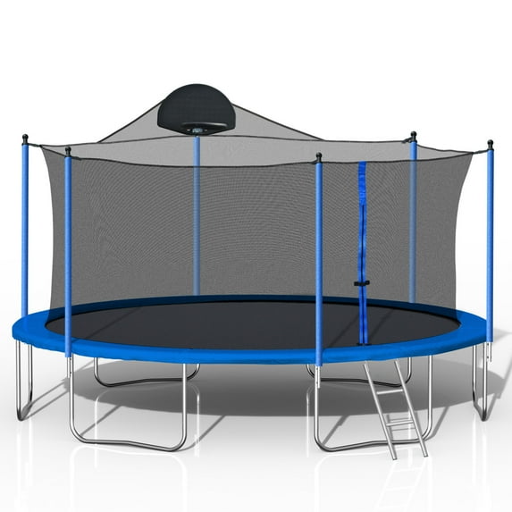 Triple Tree Trampoline Outdoor with Basketball Hoop and Enclosure Net, Blue/Green, 166.00" x 166.00" x 118.00"