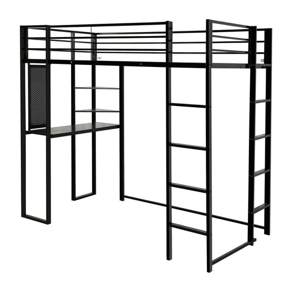 Triple Tree Twin Size Loft Bed with Desk, Storage Space and Ladder, Black