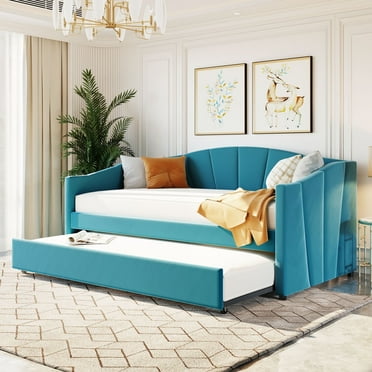 Triple Tree Twin Size Upholstered Daybed with Roll Out Trundle Frame Sofa with wood slat,Velvet