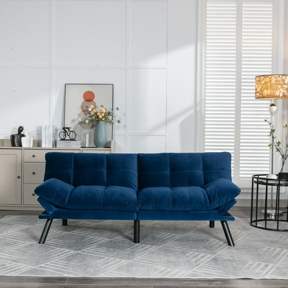 Triple Tree Velvet Adjustable Backrest Armrests Convertible Sofa, Navy Blue