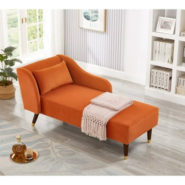 Triple Tree Velvet Chaise Lounge Chair Upholstered with Backrest and Curved Armrests, Orange