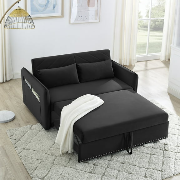 Triple Tree Velvet Convertible Bed Couch with Backrest and Pillow, Black