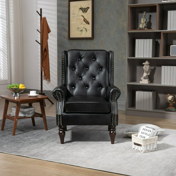 Triple Tree Wingback Accent Chair, Button Tufted PU Leather with Rivet Trim, Black