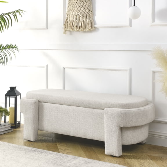 Triple Tree Wood Upholstered Ottoman Bench with Safety Hinge, Beige