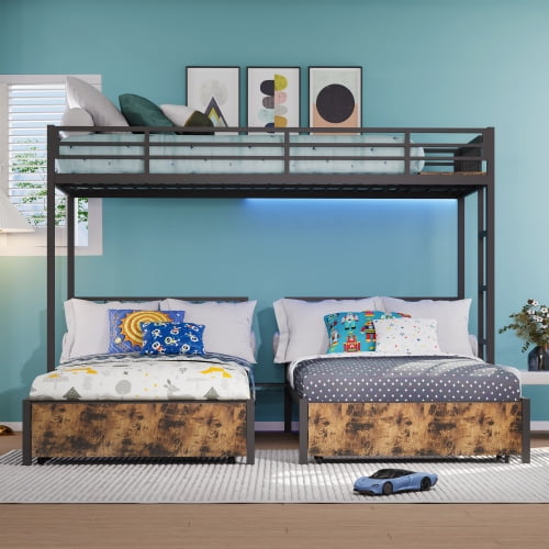 Triple Twin Bunk Bed Detachable into 3 Beds, Heavy Duty Metal Triple Bunk Bed Frame with Ladder and Guardrails, Space Saving Bunk Beds for Bedroom, Black