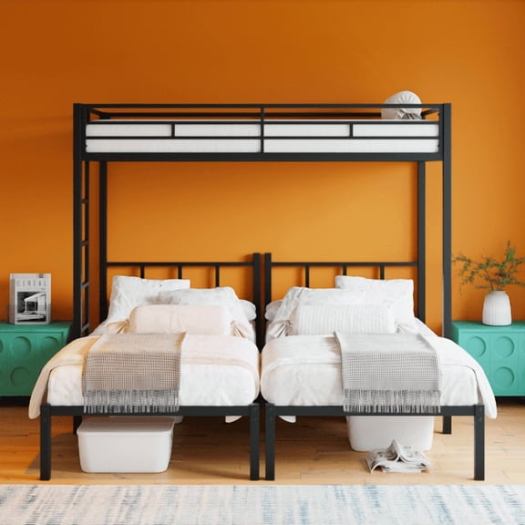Triple Twin Bunk Bed, Metal 3-Tier Bunk Bed with Ladder and Guardrails, Convertible 3-in-1 Bed Frame for Dorm or Guest Room, No Box Spring Needed, Black