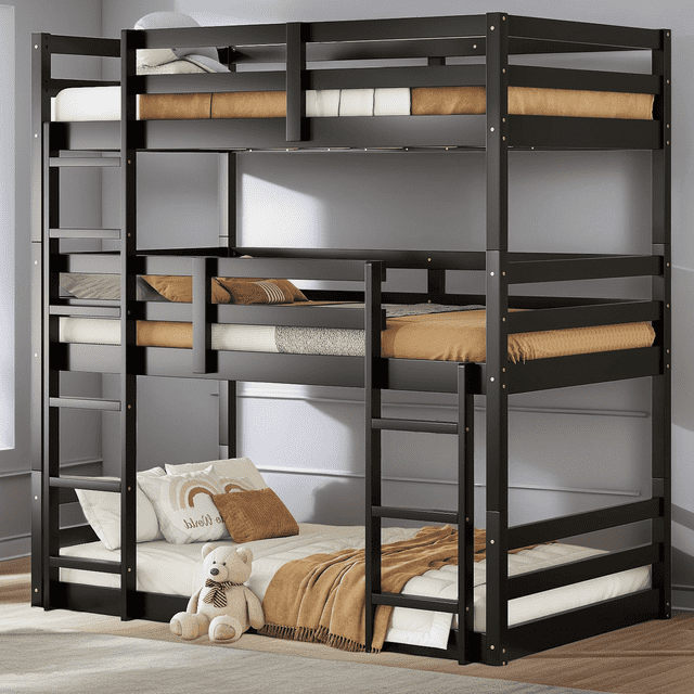 Triple Twin Bunk Bed, Rubber Wood, Detachable into 3 Beds, Built-in ...