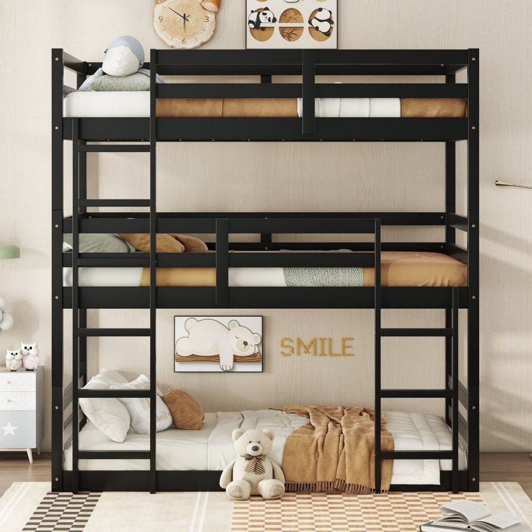 Triple Twin Bunk Bed, Rubber Wood Twin Over Twin Over Twin Bunk Bed with 2 Built-In Ladders & Guardrails, Detachable 3 Twin Beds, Black