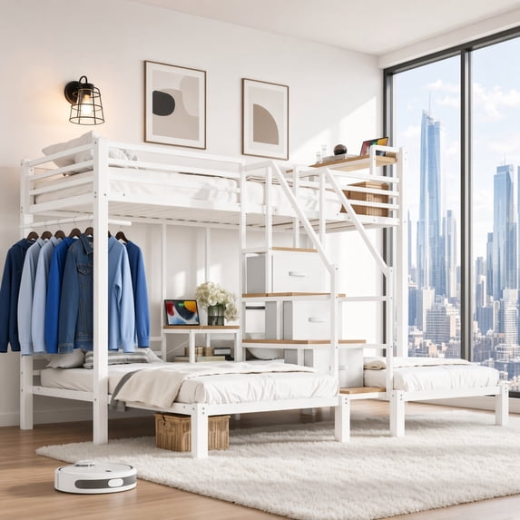 Triple Twin Bunk Bed with Storage Stair Drawers, Heavy Duty Metal Frame for 3 Sleepers, No Box Spring Needed, White
