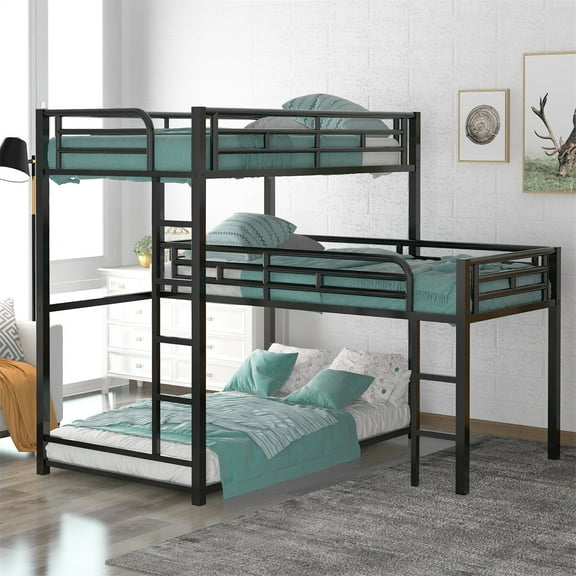 Triple Twin Size Bunk Bed, L-shaped Metal Twin Over Twin Bunk Bed Twin-Twin-Twin Triple Bed with Two Built-in Ladders & Full-Length Guardrails, 3 Bed Bunk Beds for Teens Adults, Black