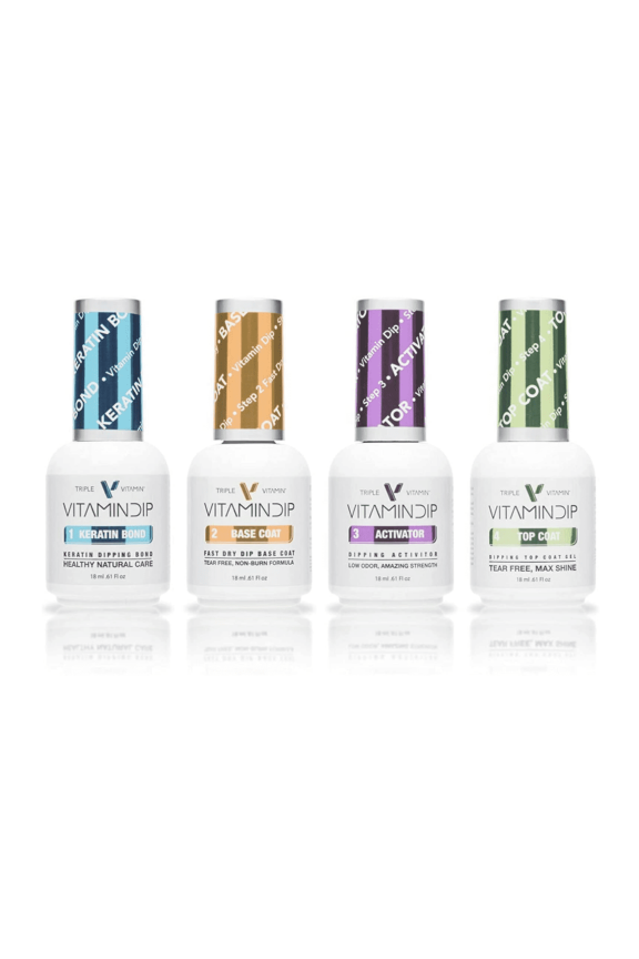 Triple Vitamin Dip Powder Nail Liquid Set  Bond Gel Base Activator Gel Top Set 4 (Step 1-4) 18ml  NO LED UV/LAMP Needed