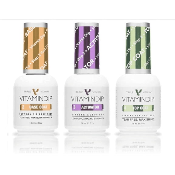 Triple Vitamin Dip Powder Nail Liquid Set  Gel Base Activator Gel Top Set 3 (Step 2-4) 18ml  NO LED UV/LAMP Needed