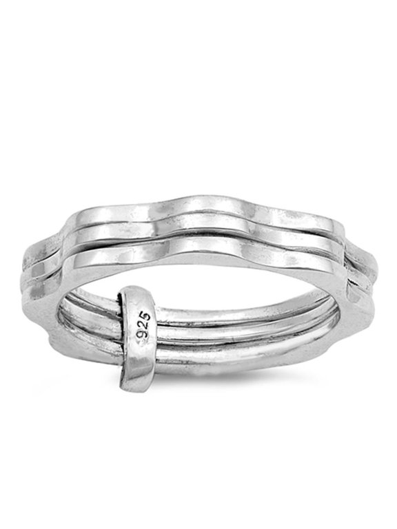 Triple Wave Band Set Bar Holder Rolling .925 Sterling Silver Ring Jewelry Female Male Unisex Size 6
