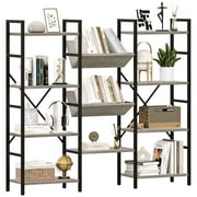 Triple Wide 4 Tier Book Shelf, Tall Bookshelf with Open Display Shelves, Industrial Large Bookshelves and Bookcases with Metal Frame for Living Room, Bedroom, Home Office-Grey