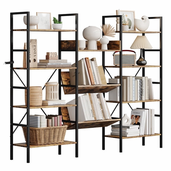 Triple Wide 4-Tier Industrial Bookshelf – 11 Open Display Shelves – Heavy Duty Metal Frame – Large Bookcase for Home Office, Living Room, Modern Storage