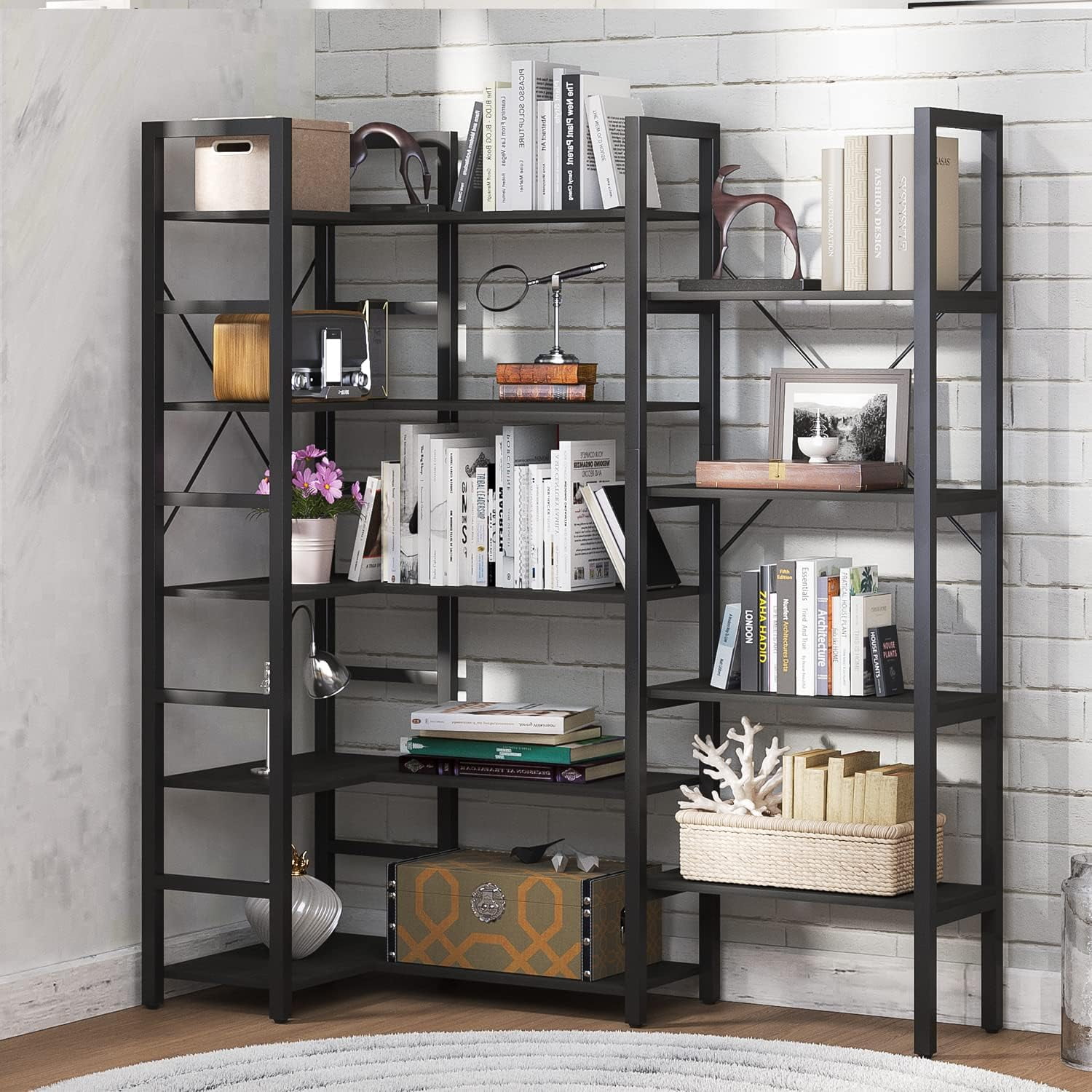 Triple Wide 5Shelf Corner Bookcase Industrial Vintage Wood Style Large Open Bookshelves for