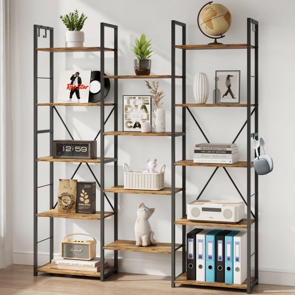 Triple Wide 5 Tier Bookshelf, 67" H Tall Industrial Bookcase with 14 Open Book Shelves, 4 Bonus Hooks and Adjustable Feet, Large Display Storage for Living Room, Office, Rustic