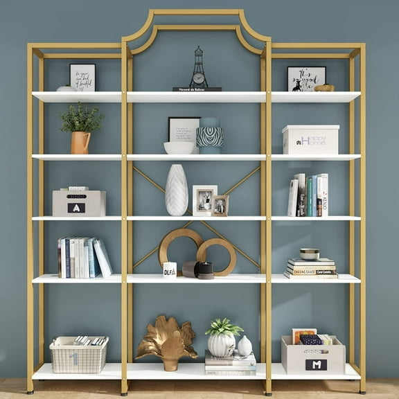 Triple Wide 5-Tier Bookshelf, 70.87" L x 79.13" H Extra Large Gold Bookcase, Tall Display Shelf with Metal Frame, Freestanding Etagere Storage Display Shelf for Home Office, White Gold