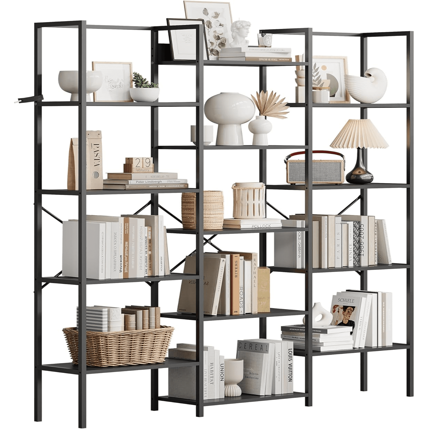 Triple Wide 5 Tier Bookshelf Rustic Industrial Style Bookcases with 14 ...