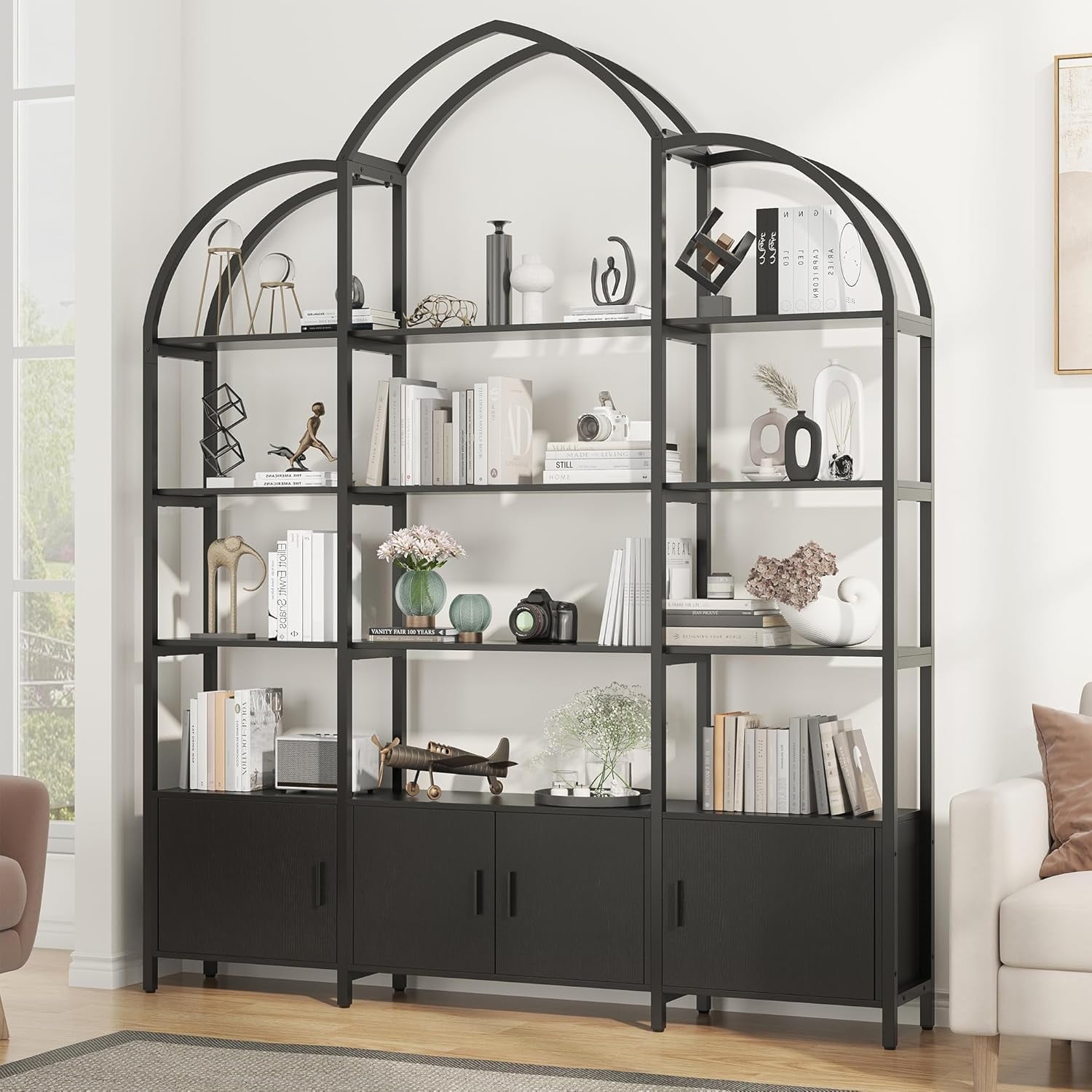 Triple Wide 5 Tier Tall Arched Bookshelf and Bookcase with 3 Cabinets, Industrial Bookshelf, Wood Book Shelf for Bedroom Living Room, Black