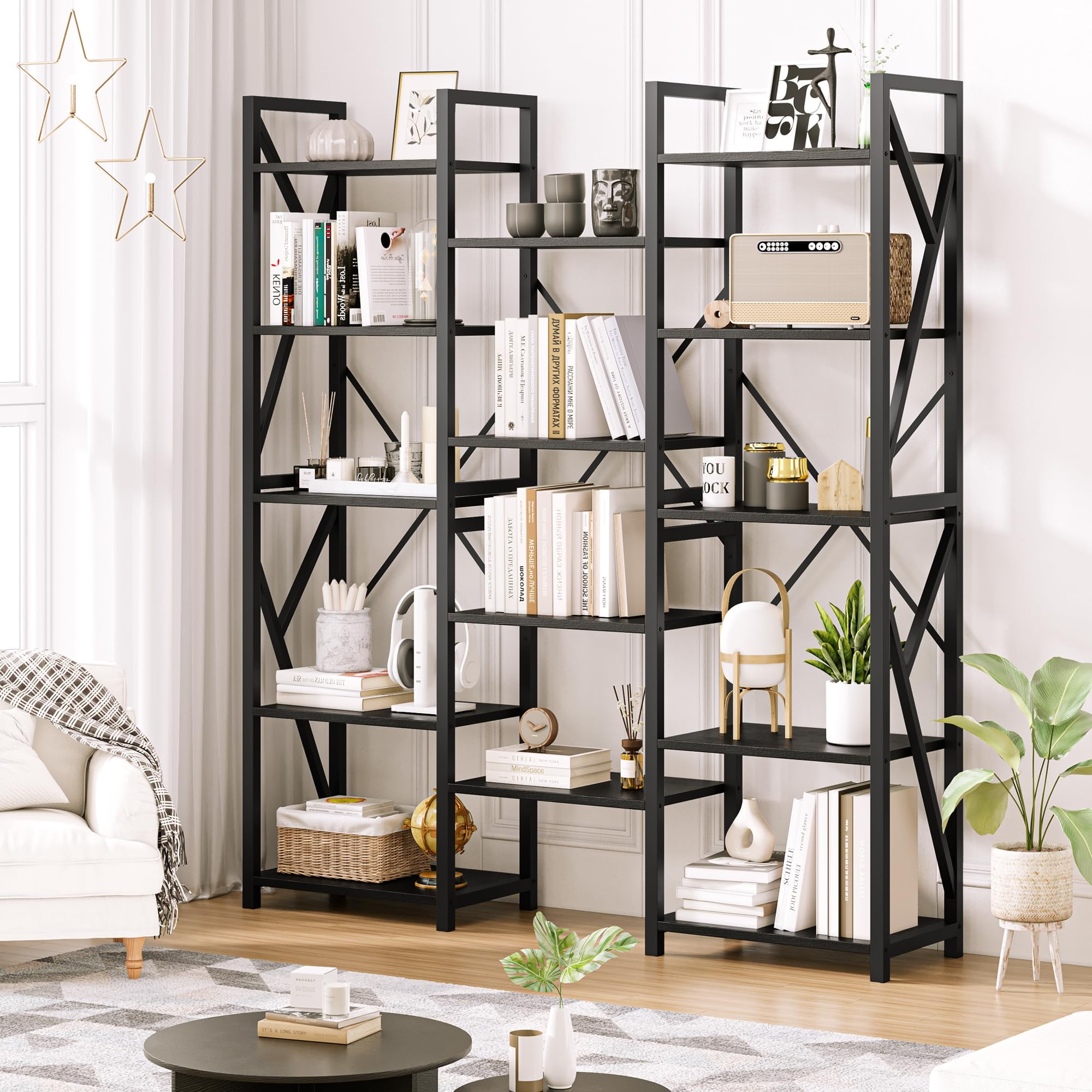 Triple Wide 5 Tiers Industrial Book Shelf with Open Display Shelves