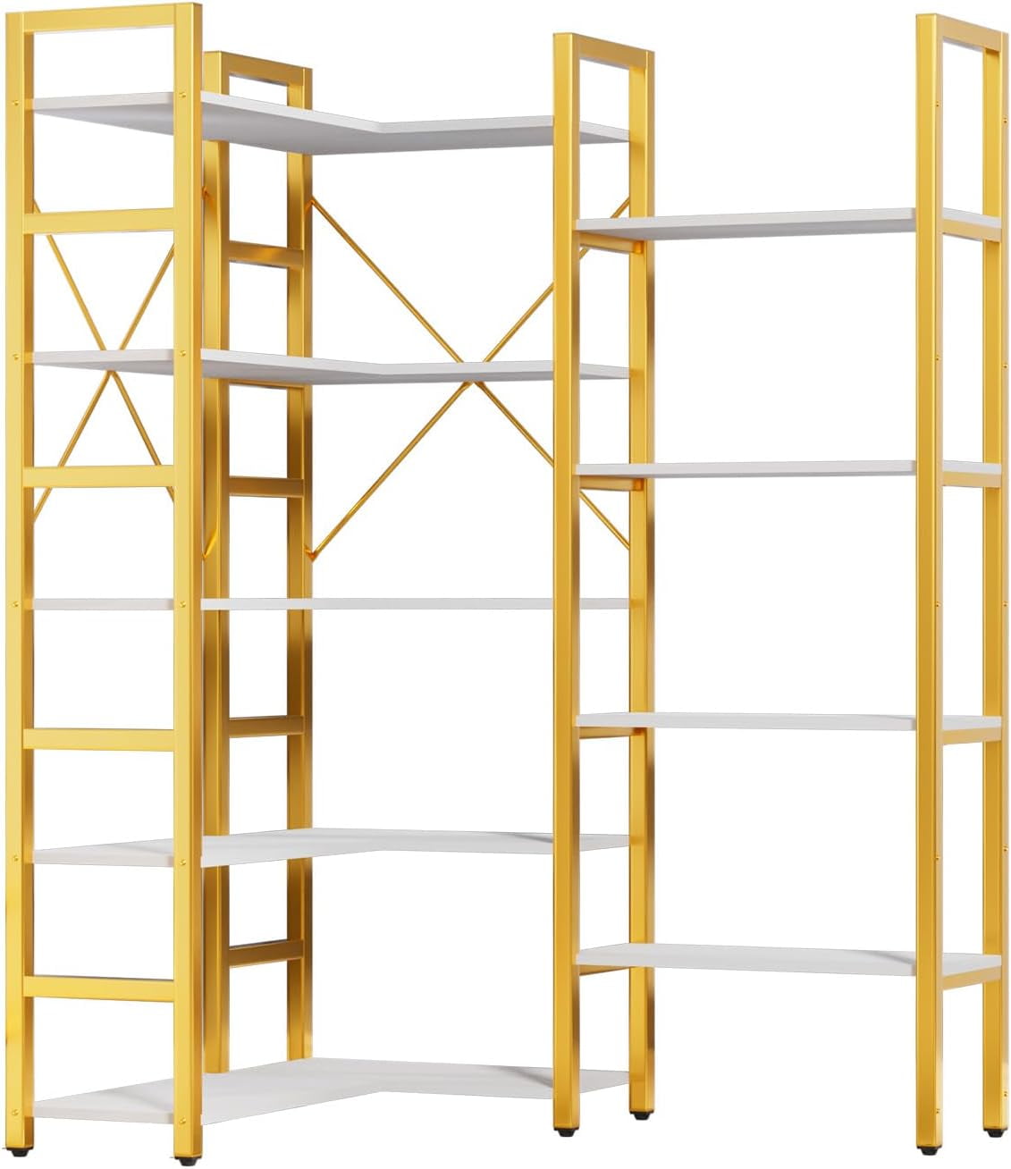 Triple Wide 6-Shelves Corner Bookcase Vintage Wood Style Large Open ...