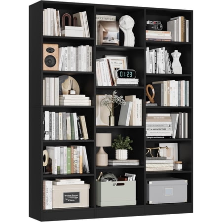 Triple Wide Bookshelf, 6 Tier Large Bookcase with 17 Open Display Shelves, 74'' Tall Bookcases and Bookshelves for Living Room, Home Office, Library, Black