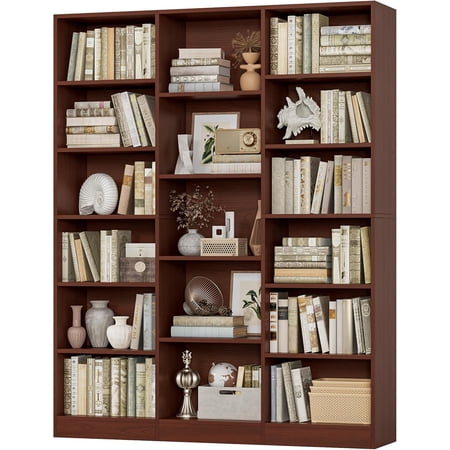 Triple Wide Bookshelf, 6 Tier Large Bookshelf, Bookcase with 17 Open Display Shelves, 74'' Tall Bookcases and Bookshelves for Living Room, Home Office, Library, Cherry