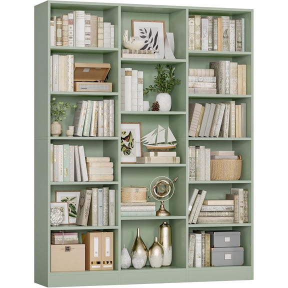 Triple Wide Bookshelf, 6 Tier Large Bookshelf, Bookcase with 17 Open Display Shelves, 74'' Tall Bookcases and Bookshelves for Living Room, Home Office, Library, Green